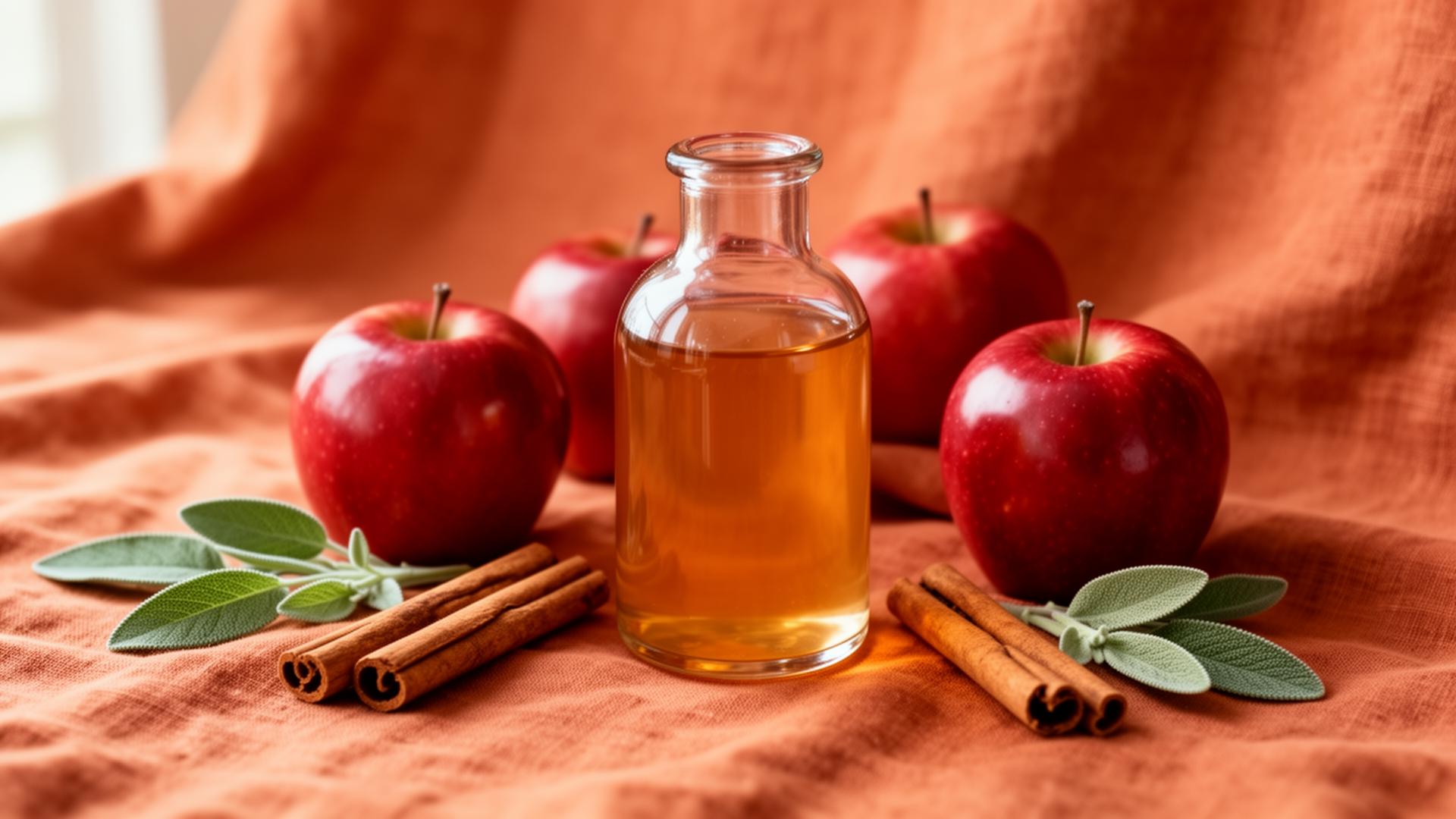 Apple cider vinegar bottle with apples, cinnamon and sage